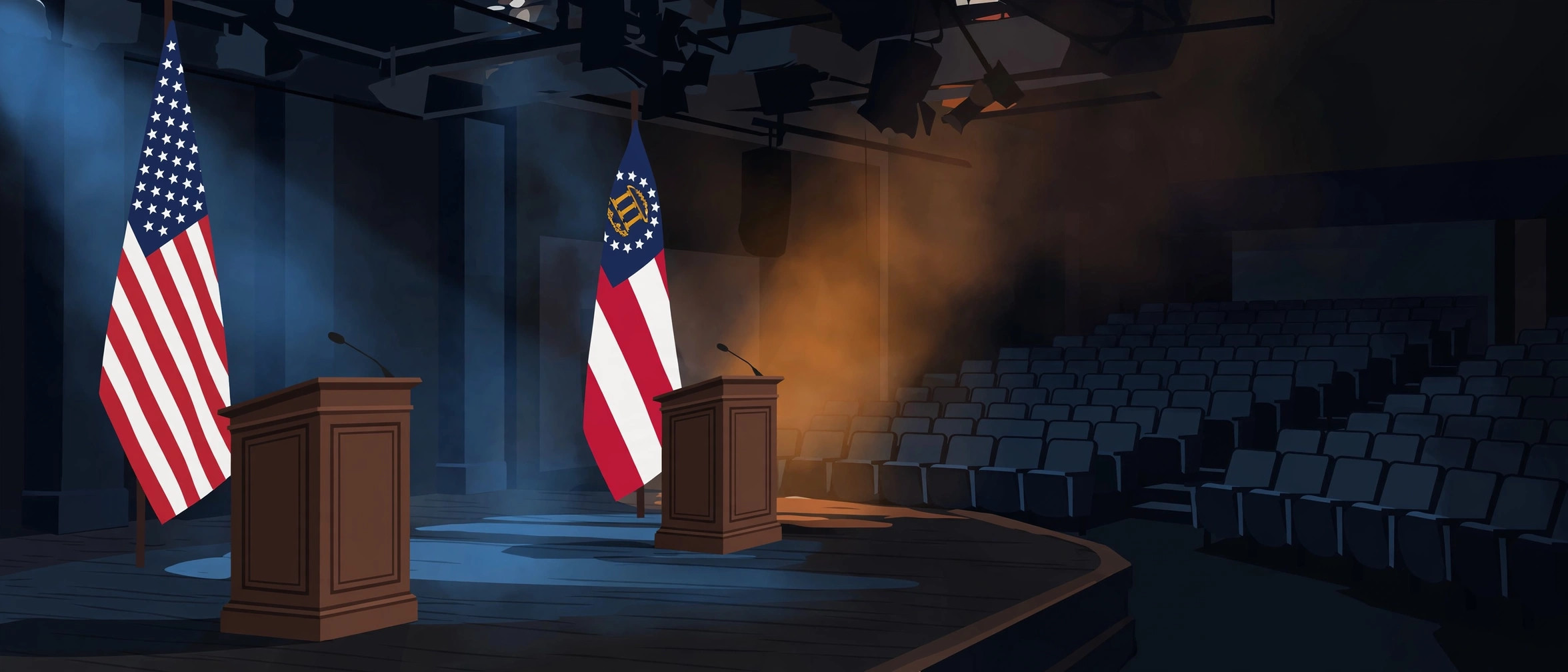 Illustration of an empty Senate debate stage with two lecterns and U.S. and Georgia flags