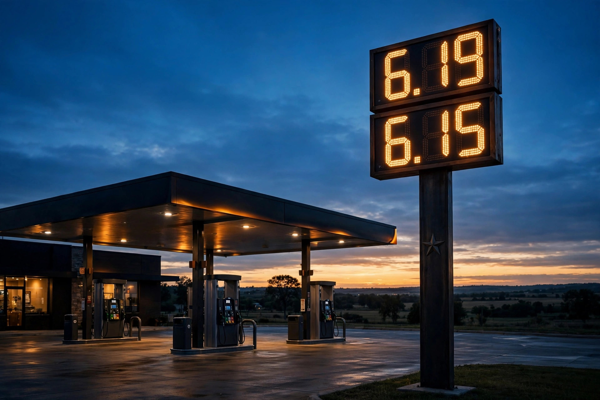 Illustration of a gas station price sign at dusk showing diesel prices over six dollars a gallon
