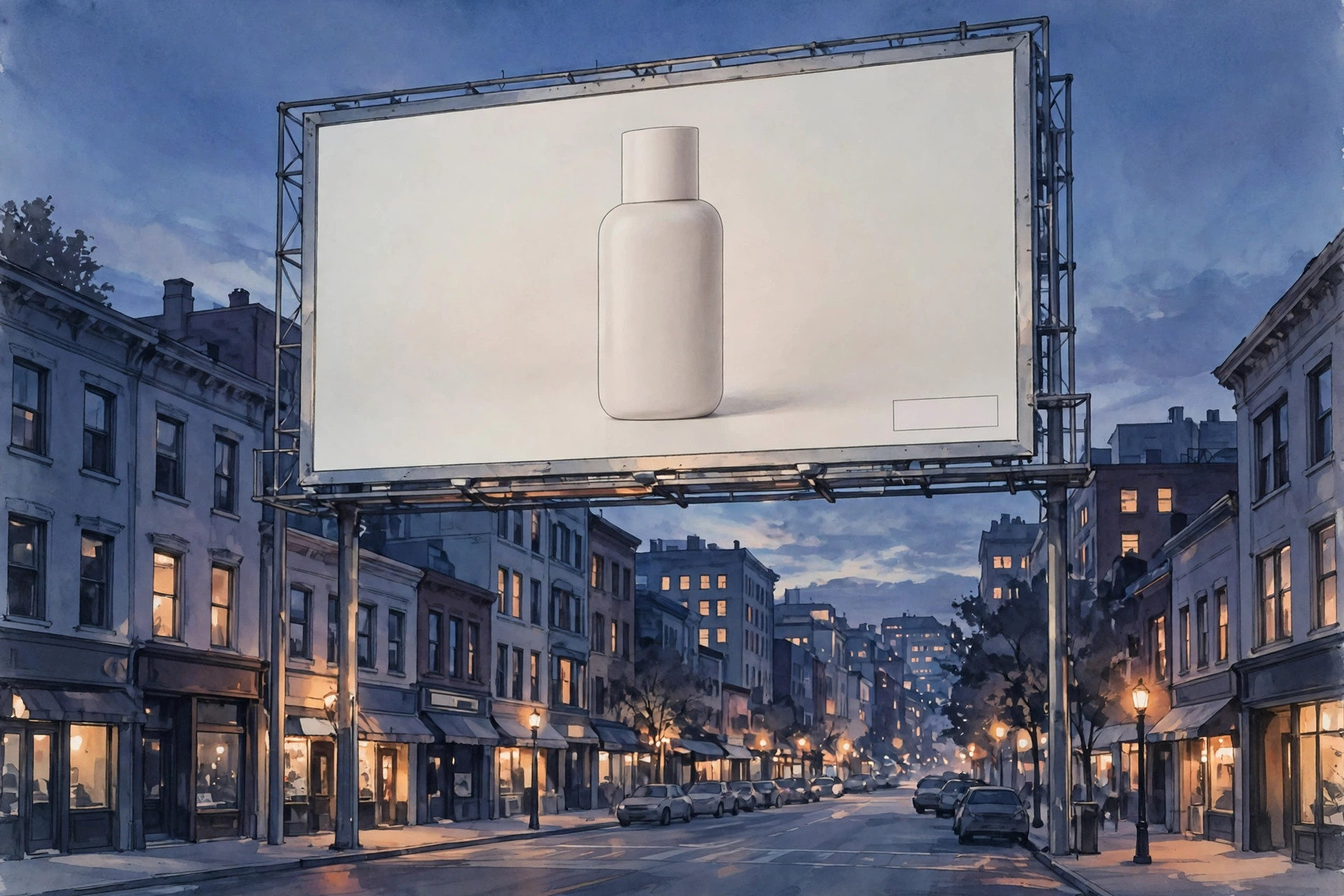 Illustration of a billboard at dusk showing a plain product advertisement with a small blank disclosure box in one corner