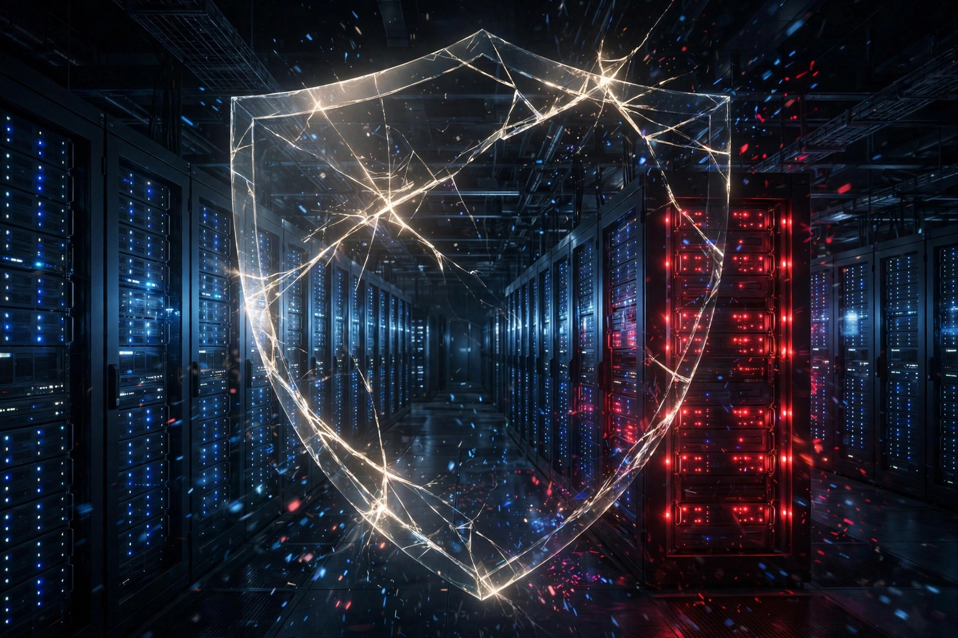 Illustration of a cracked shield over rows of server racks, one glowing red