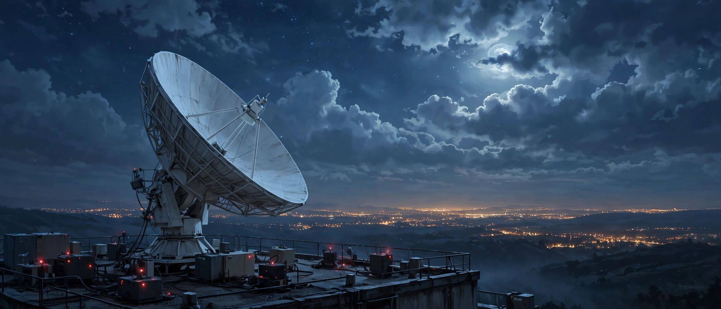 A satellite ground station with a large dish antenna under a starry night sky