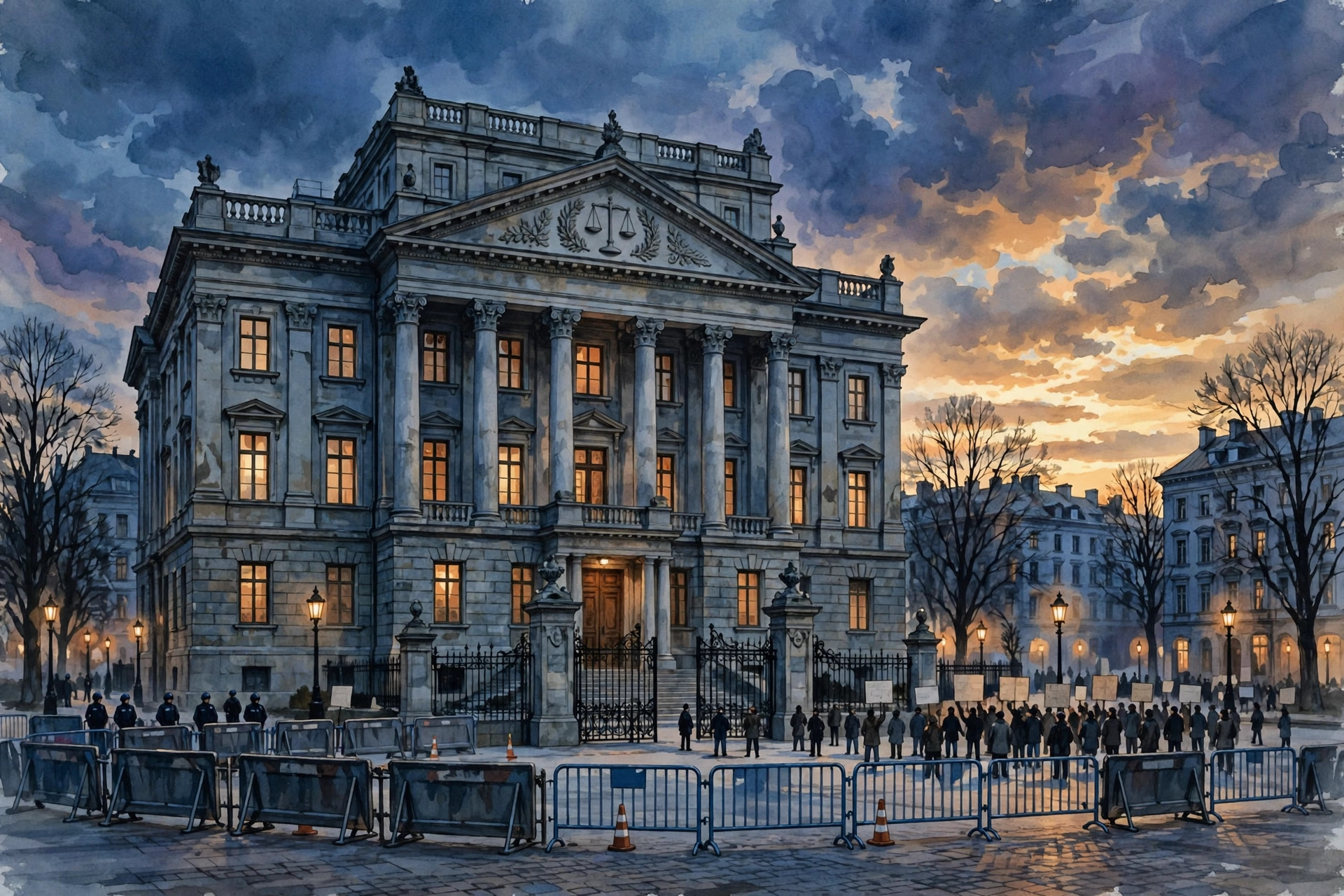 Illustration of a neoclassical courthouse at dusk, with police barricades and protesters holding blank placards outside its gates