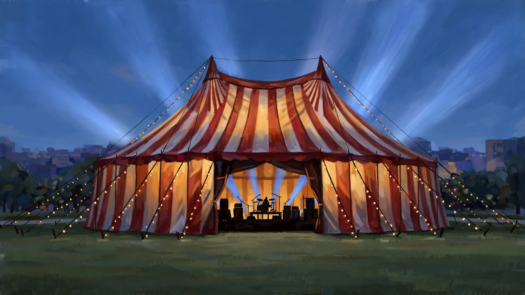 A circus big top glowing at dusk with a stage inside, string lights around the tent