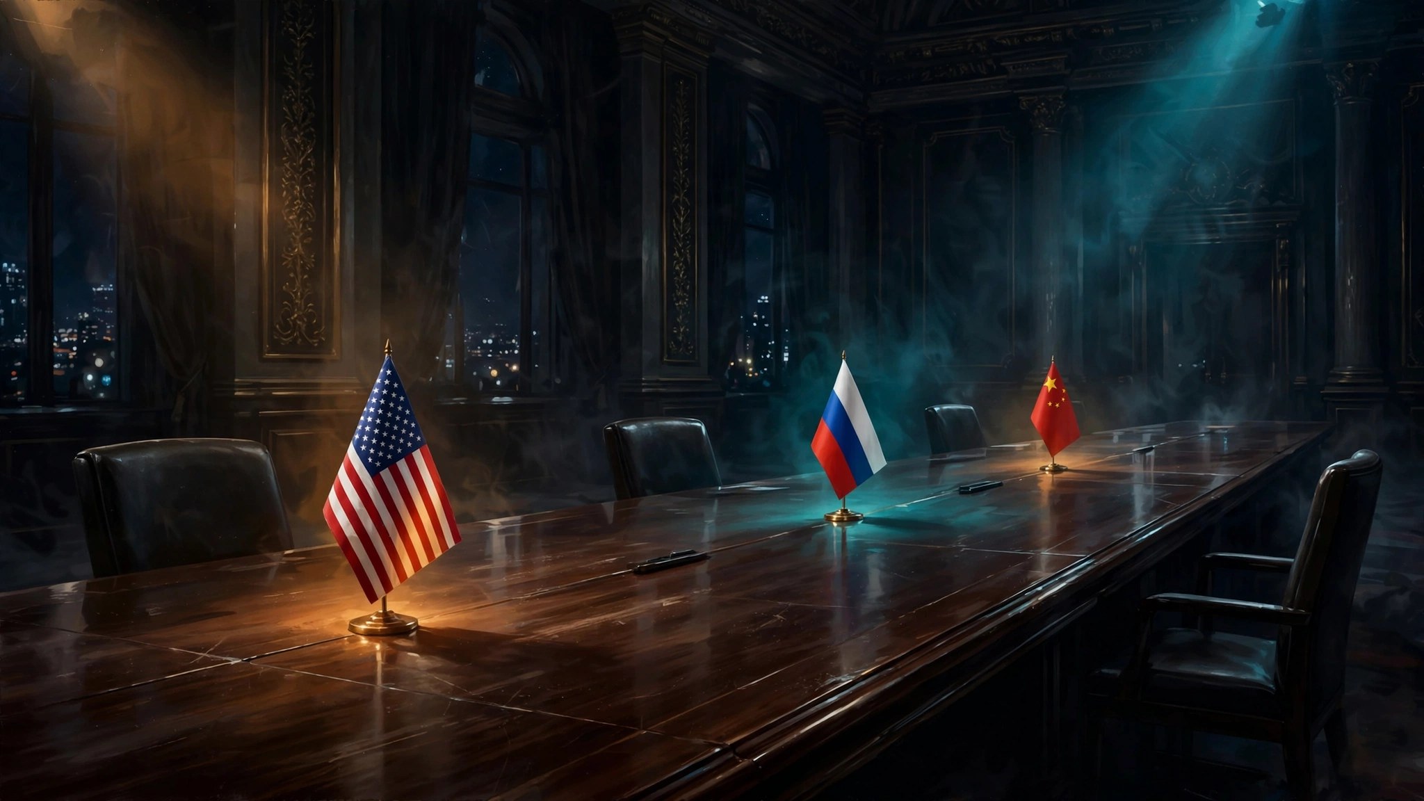 Illustration of an empty summit table with the flags of the United States, Russia and China