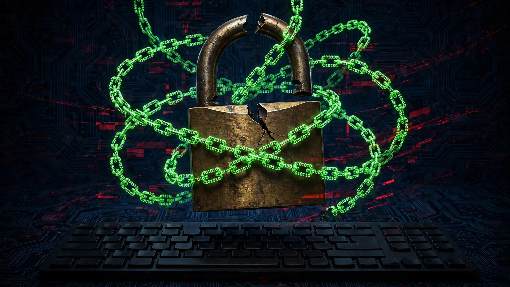 A broken brass padlock wrapped in chains of green binary code above a computer keyboard