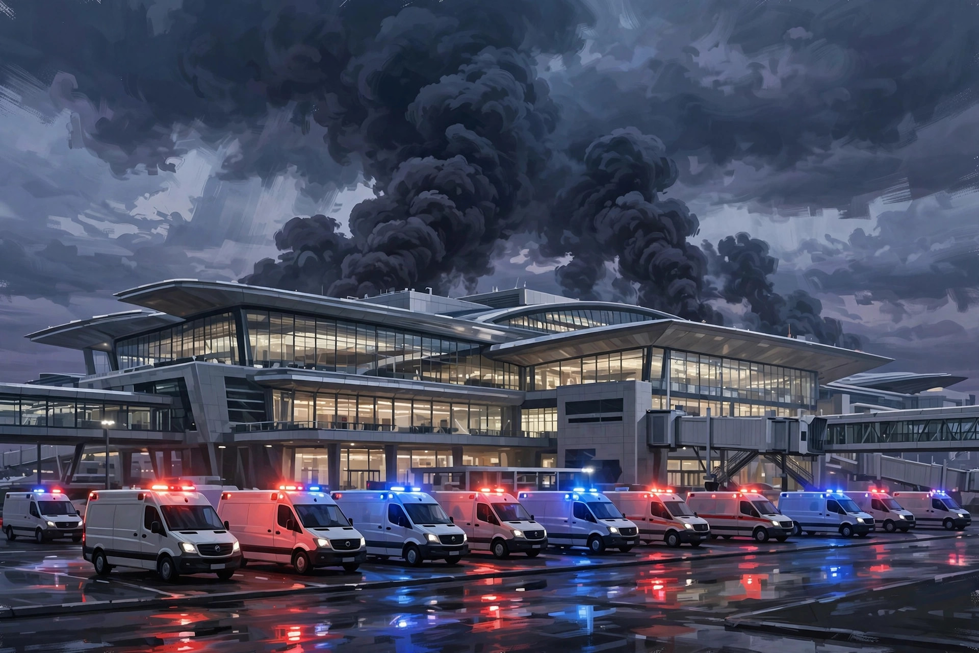 Ambulances line up outside an airport terminal as smoke rises