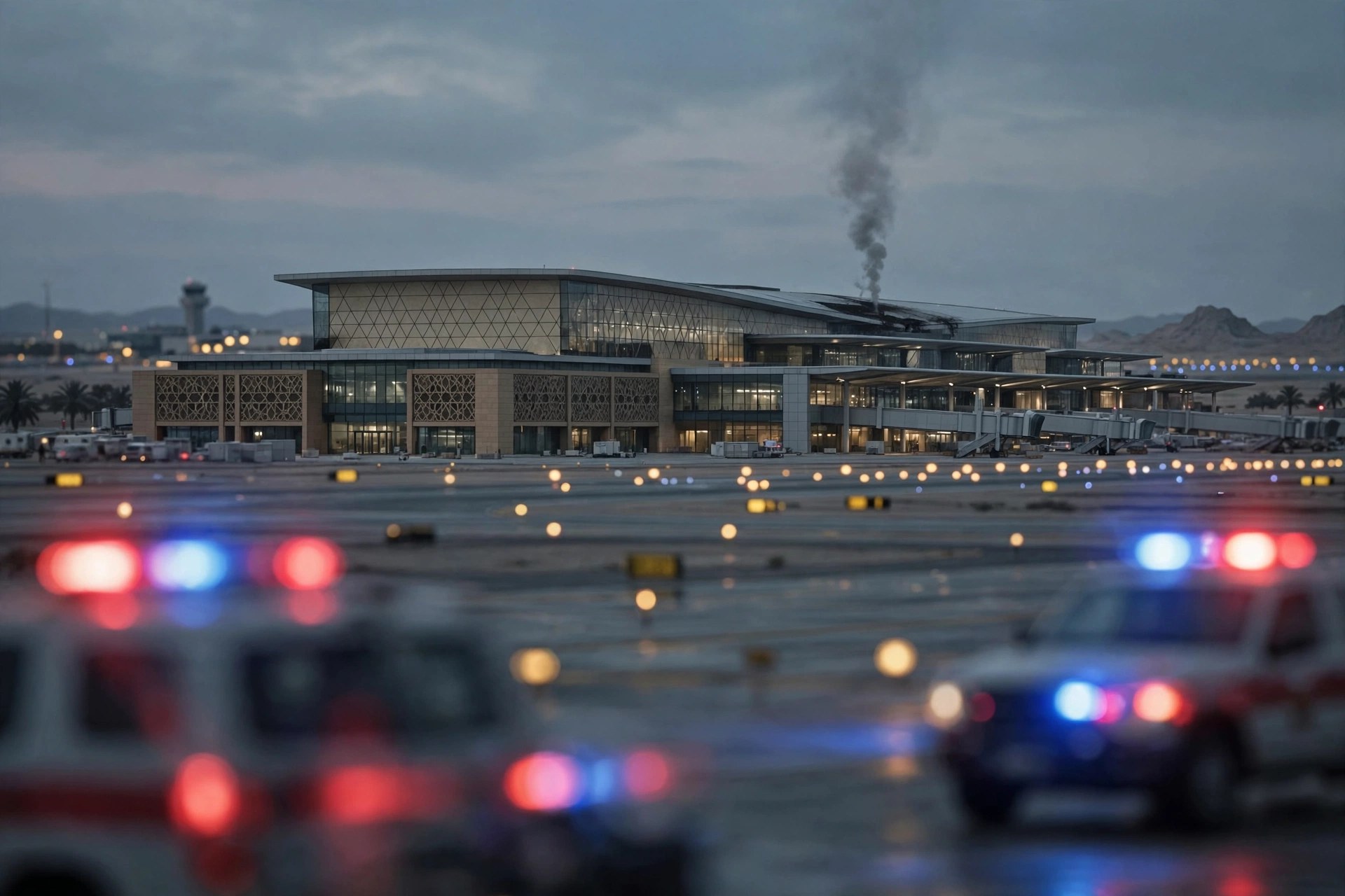 Illustration of an airport terminal at dusk with smoke rising and emergency lights flashing