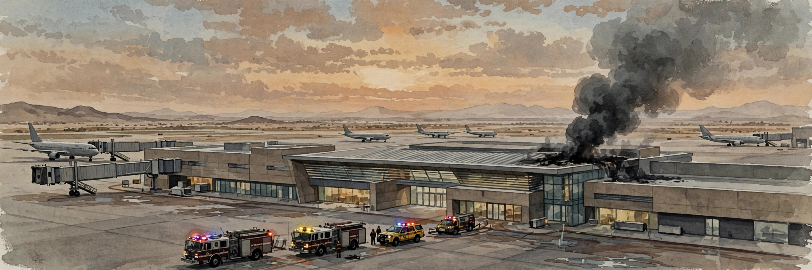 Illustration of smoke rising from an airport terminal as emergency vehicles gather on the tarmac