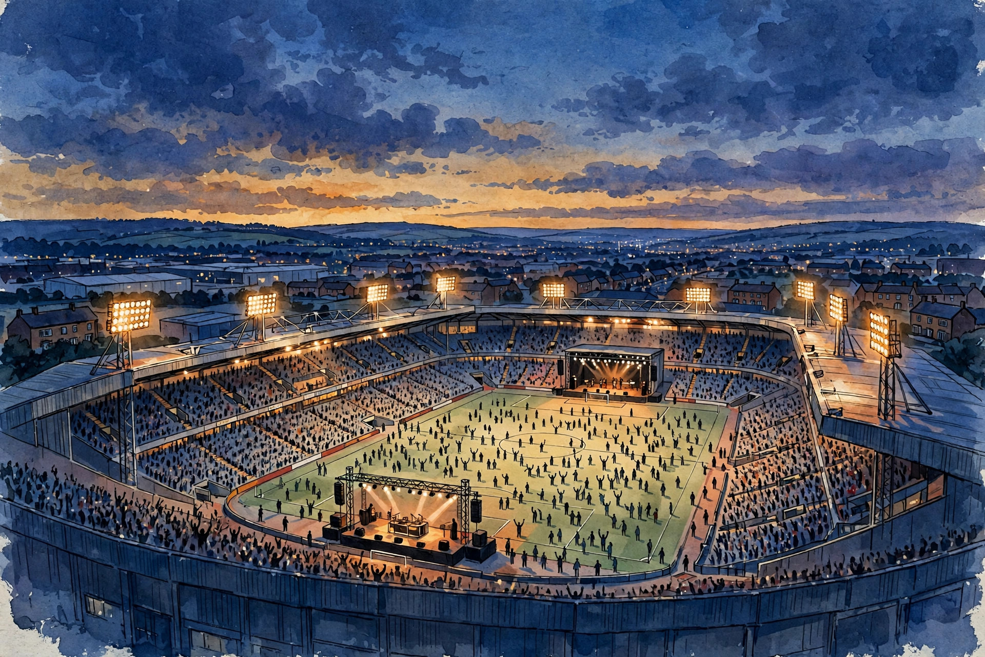 Illustration of a packed football stadium at dusk, floodlights on and a stage lit at one end