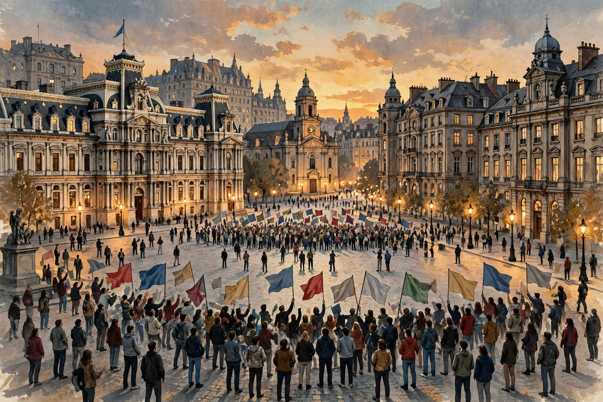 Illustration of a crowd celebrating in a European city square at dusk, waving plain flags