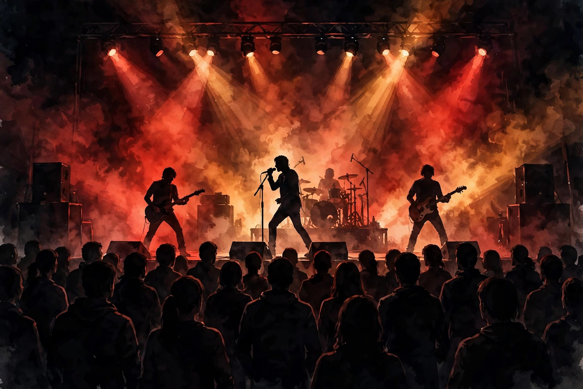 Illustration of a rock band on stage in red and amber light before a crowd