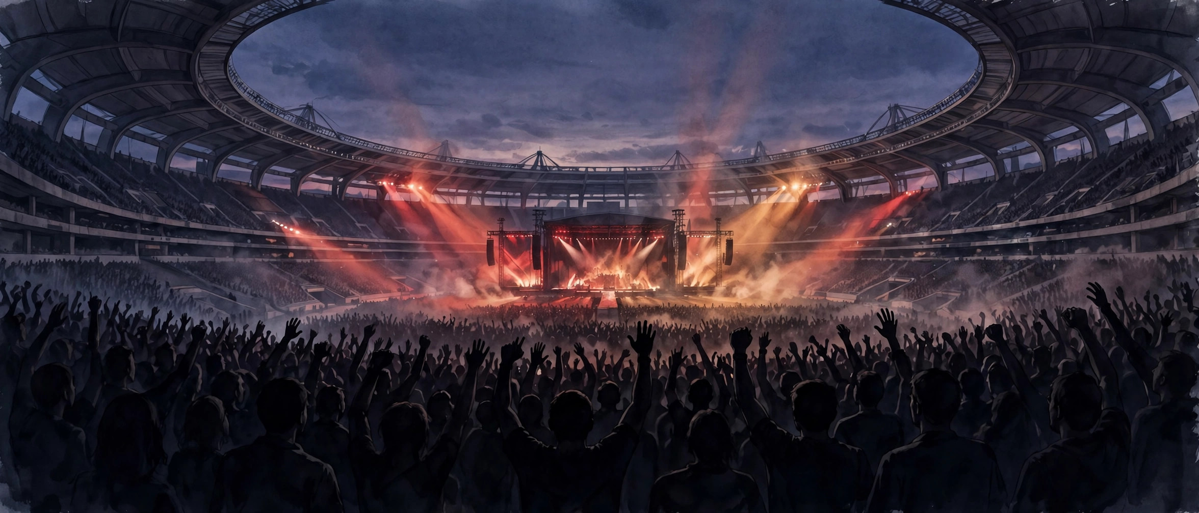 Illustration of a packed stadium bowl at dusk, a stage lit in red and gold before a crowd with raised hands