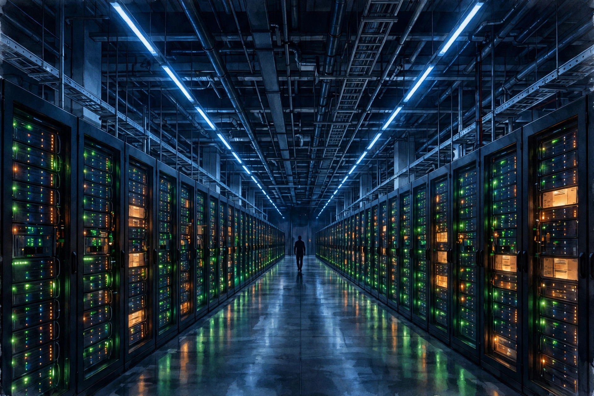 Illustration of a data center aisle lined with server racks