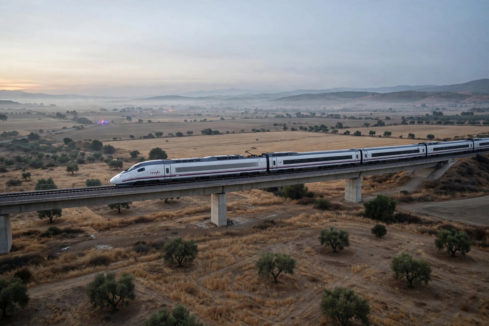 Illustration of a Spanish high-speed train crossing dry countryside at dawn