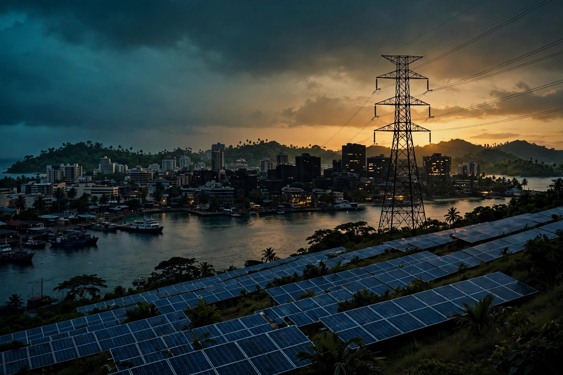 Illustration of a tropical city skyline going dark at dusk, with solar panels and a transmission tower in the foreground
