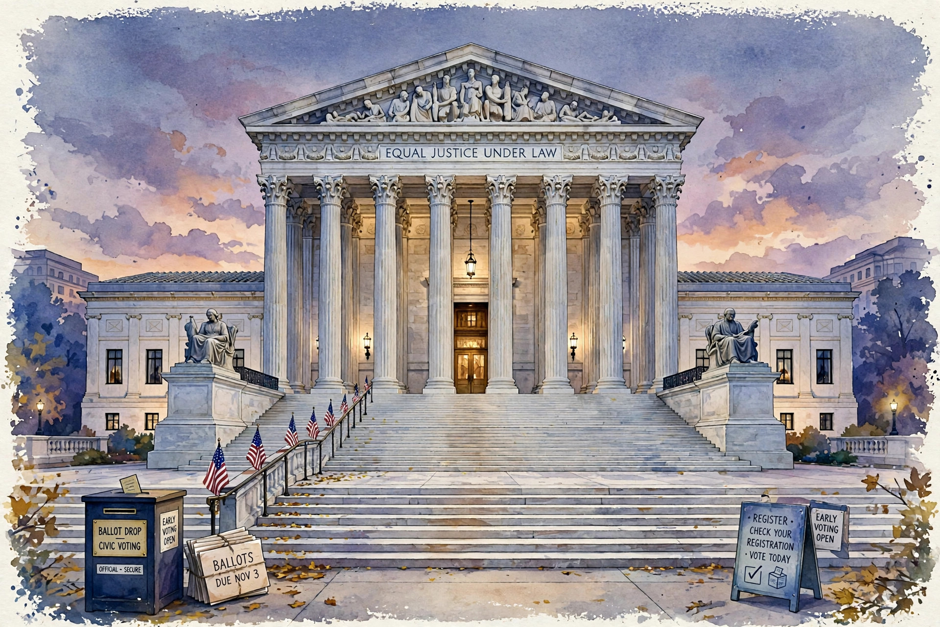 Editorial watercolor illustration of the U.S. Supreme Court building at dusk with ballot drop box and voter registration signs on the steps