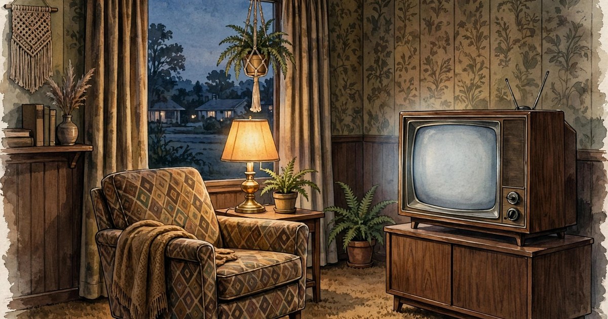 Illustration of a vintage television set in a 1970s living room