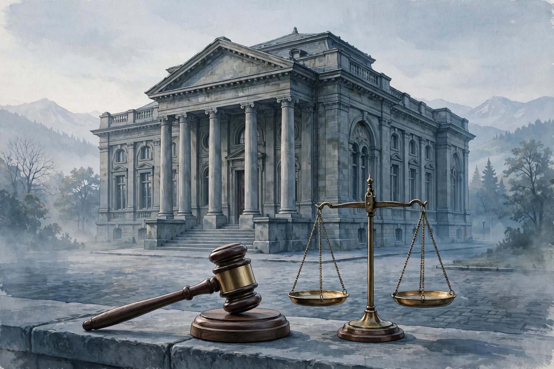 Illustration of a stone courthouse with columns, a gavel and balanced scales in front of it