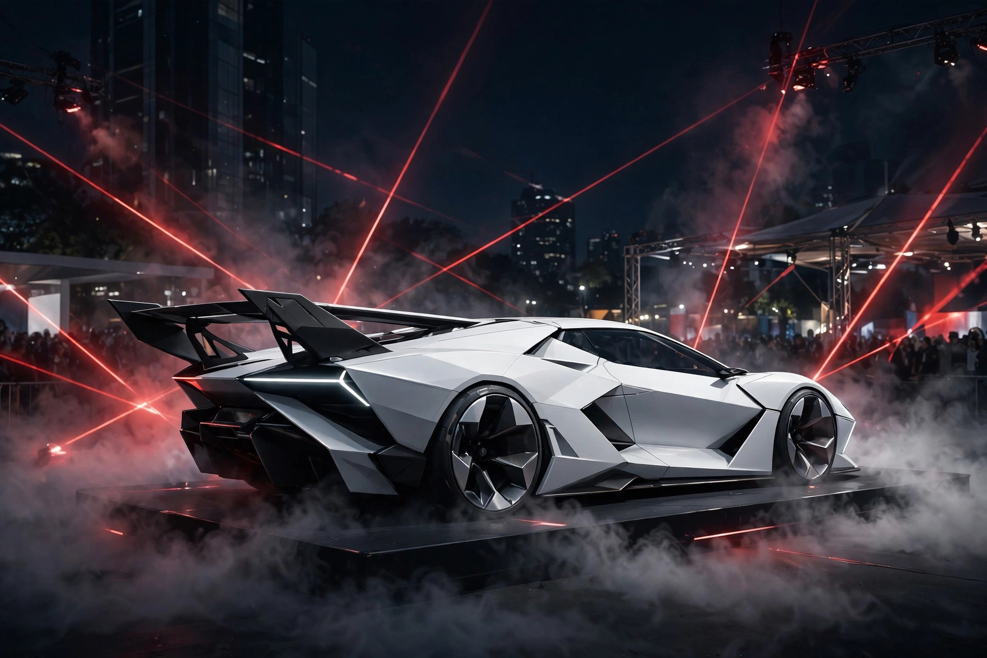 A white angular sports car with a large rear wing under red laser lights at a night reveal event
