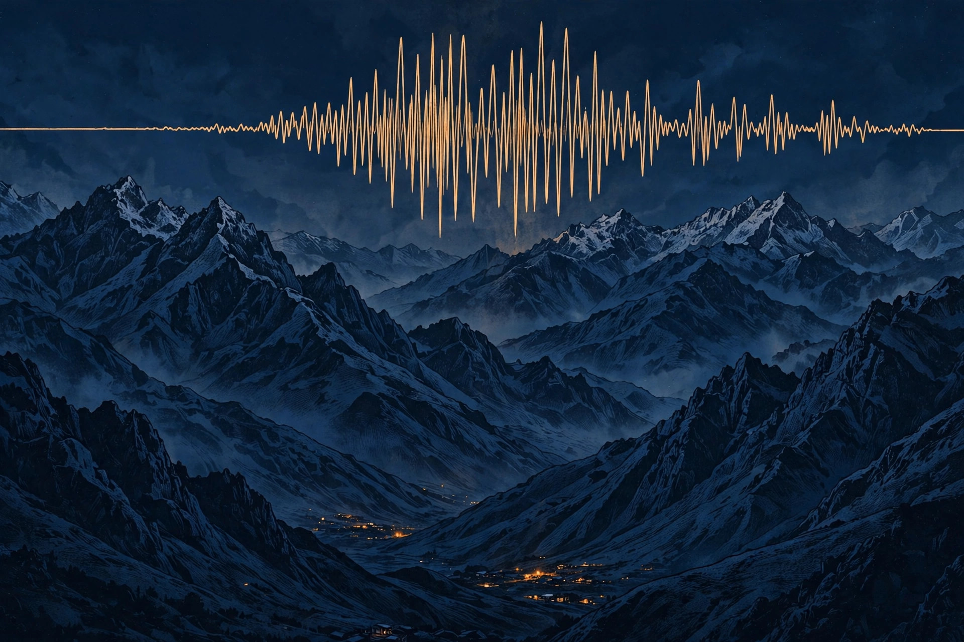 Editorial illustration of a seismograph trace sweeping across Himalayan mountain ridges at night