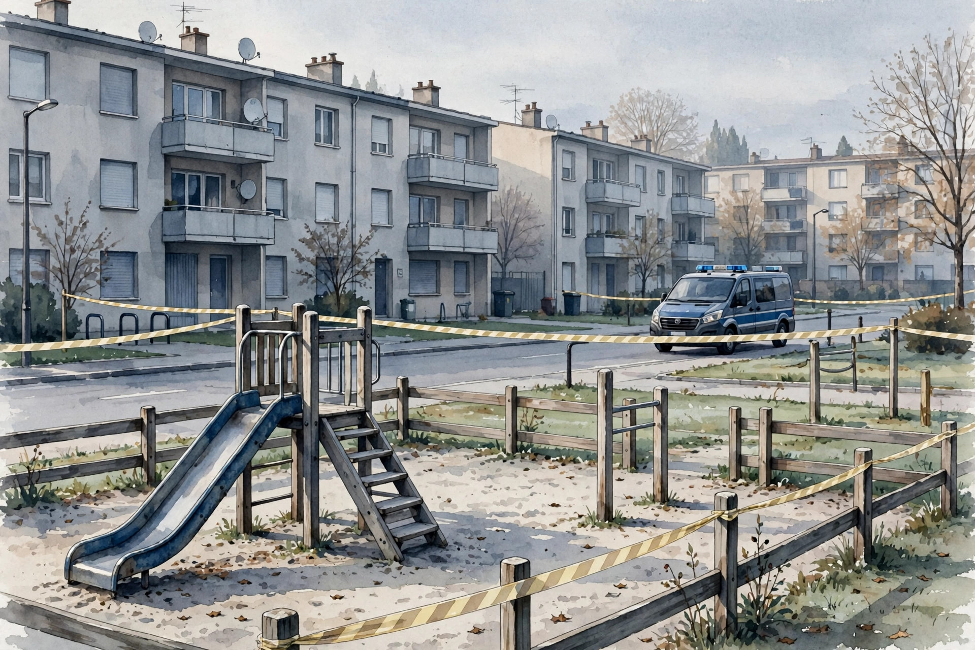 Watercolor illustration of a quiet street in Trappes, Yvelines, cordoned off with police tape, a police van parked nearby and a children's playground in the foreground.