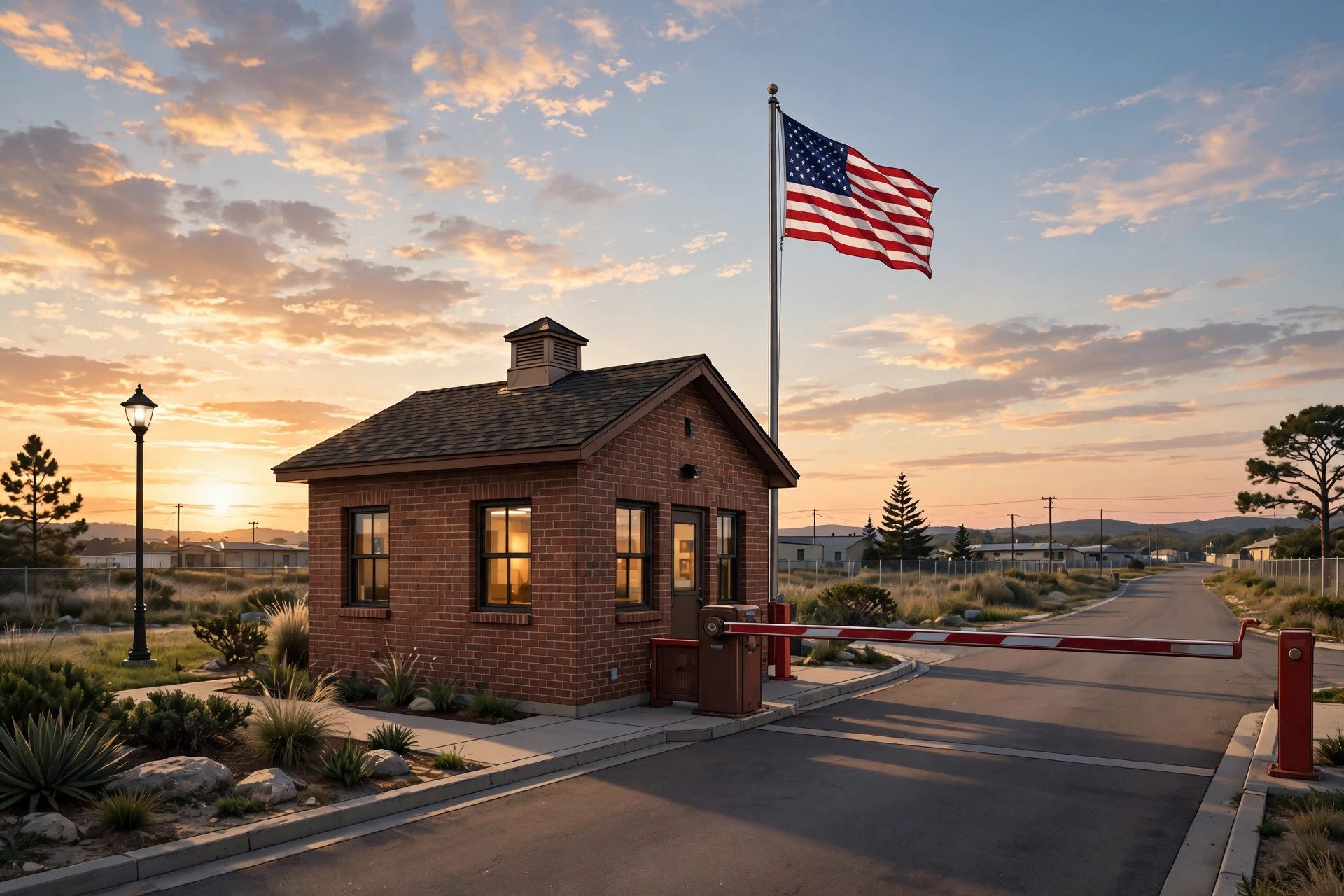 A Marine Corps base main gate at dusk, with the American flag flying