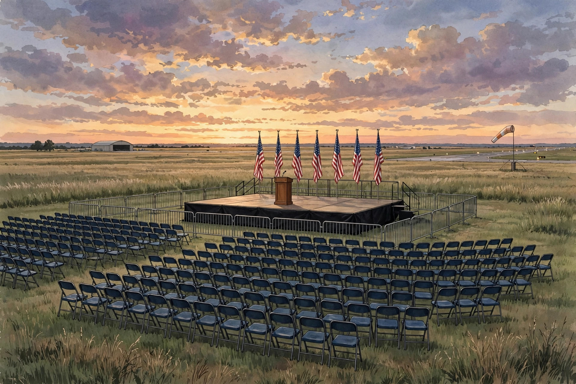 Illustration of an empty outdoor rally stage at an airfield at dusk, with flags and rows of empty chairs