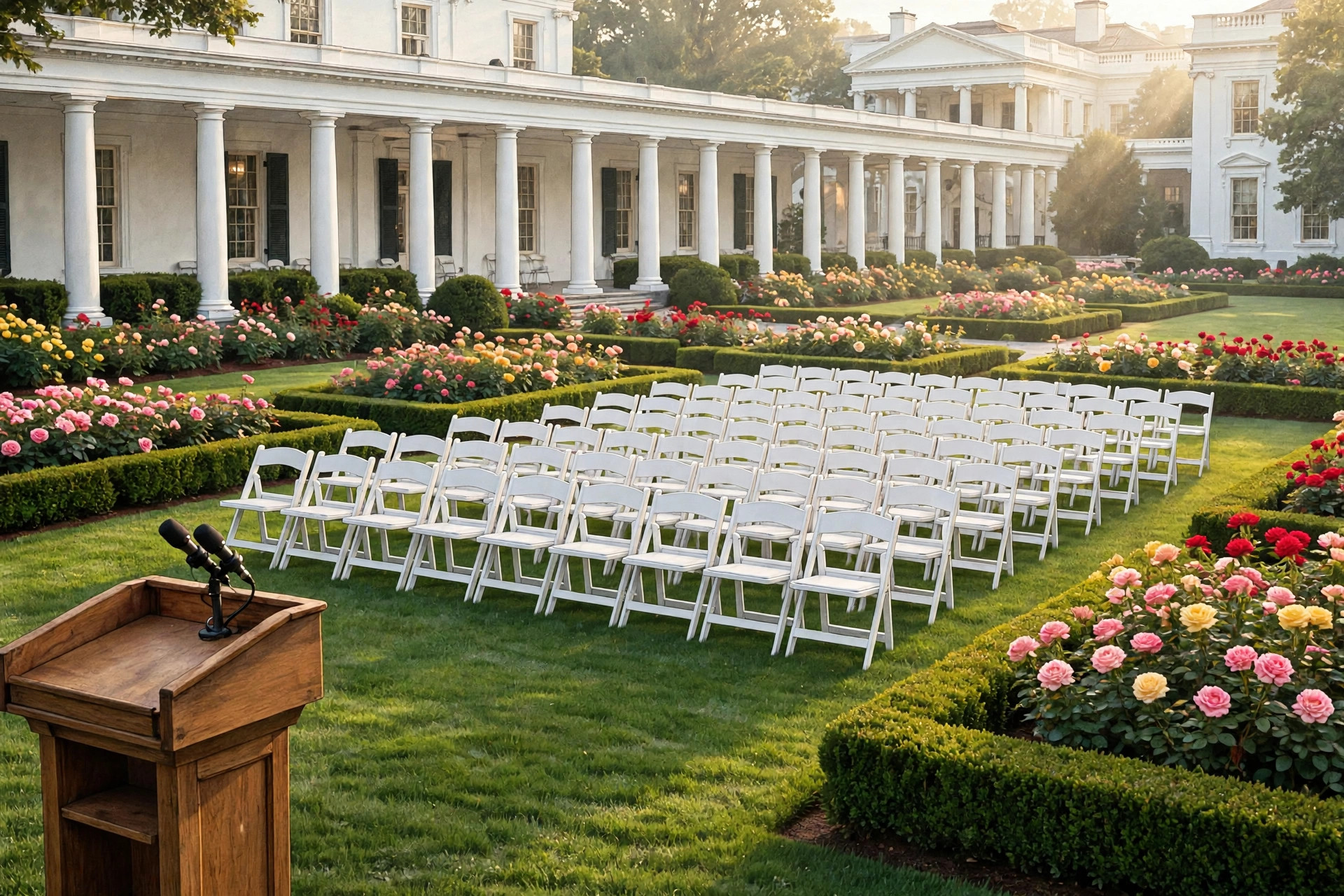 Illustration of the White House Rose Garden set up for a ceremony, with an empty podium, microphones and rows of white chairs