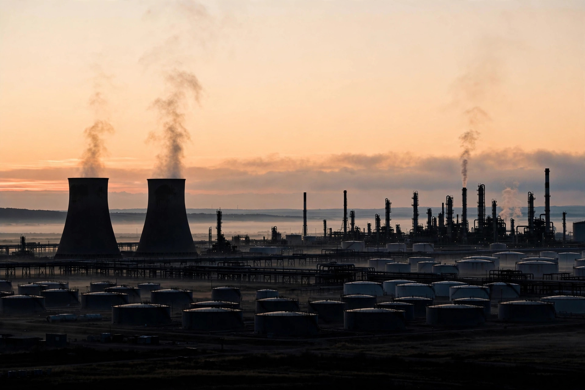 Illustration of an oil refinery silhouetted against the dawn sky