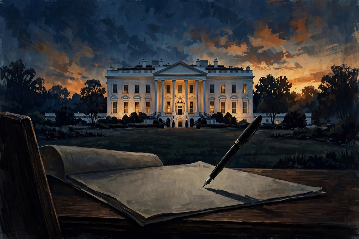 Illustration of the White House at dusk with a fountain pen over a document on a desk