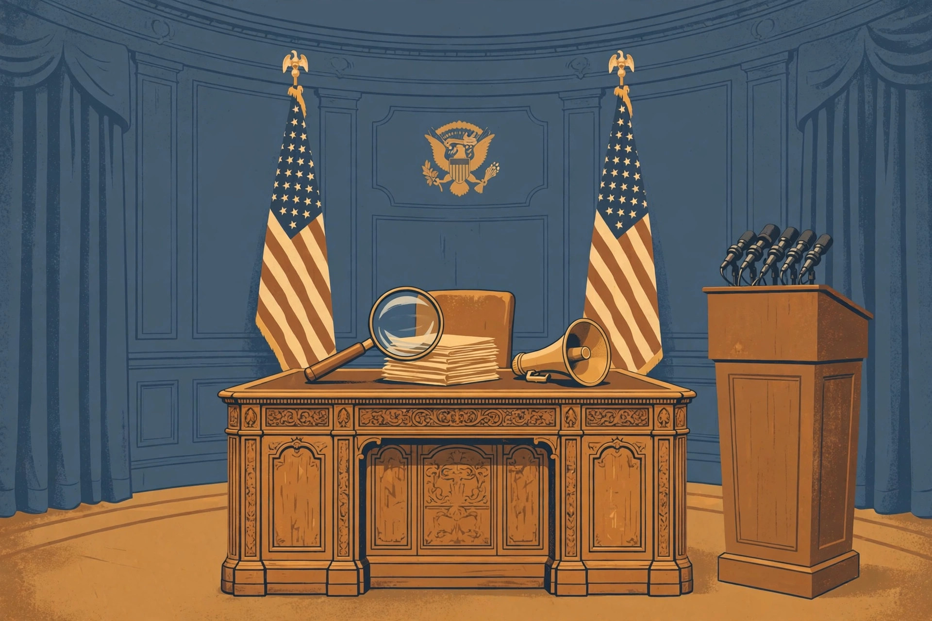 Illustration of an Oval Office desk with a magnifying glass, papers and a megaphone on it, two American flags and a podium with microphones behind it