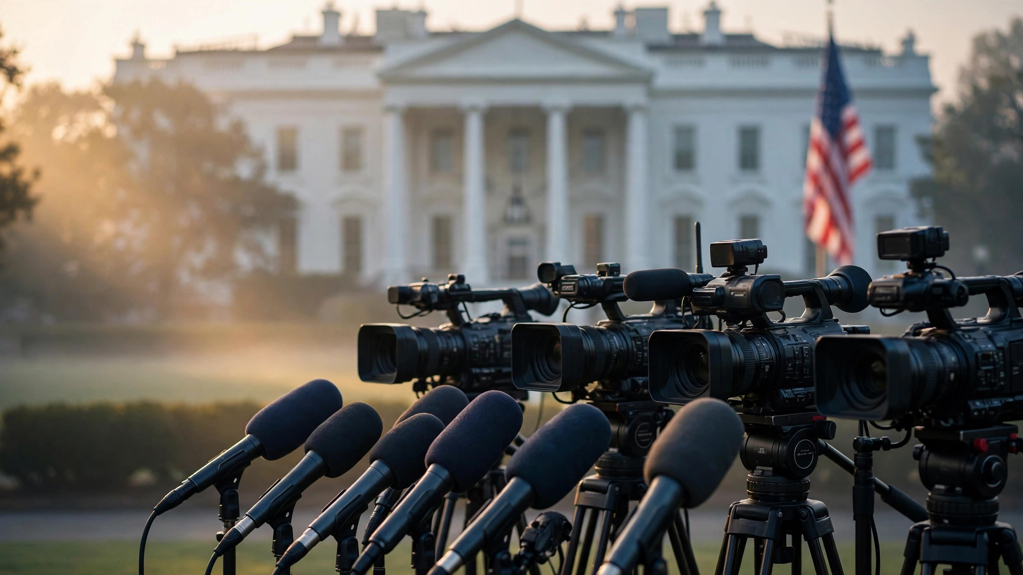 Television cameras and microphones at an outdoor White House press gaggle at dawn