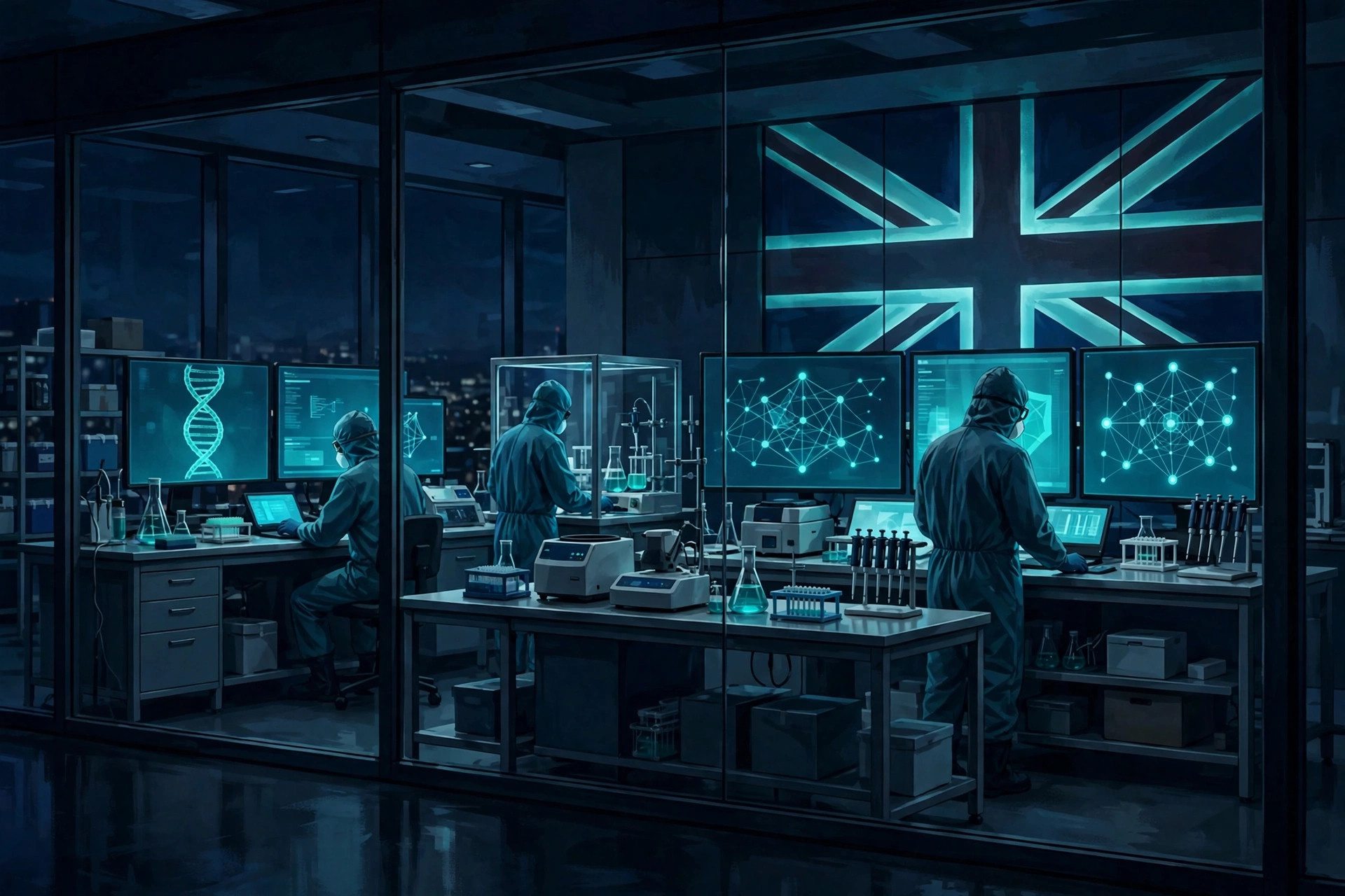Illustration of scientists in protective suits working in a high-security laboratory, with DNA and network diagrams on glowing screens