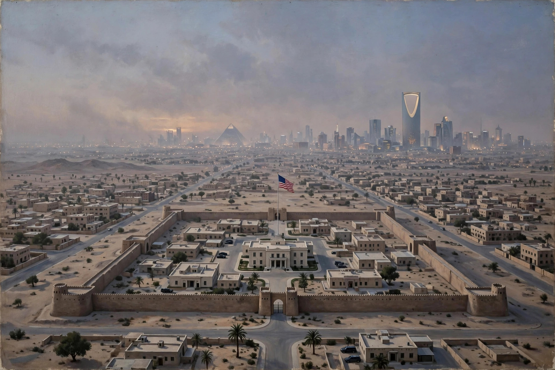 Illustration of an American diplomatic compound in Riyadh, Saudi Arabia, under the city skyline at dusk