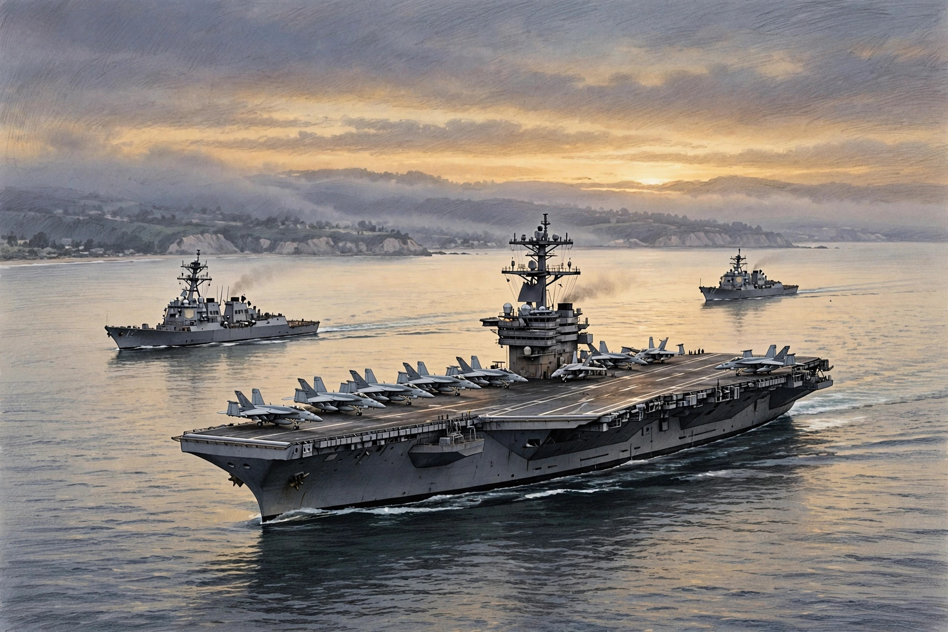 Illustration of an aircraft carrier and its escort ships underway at dusk