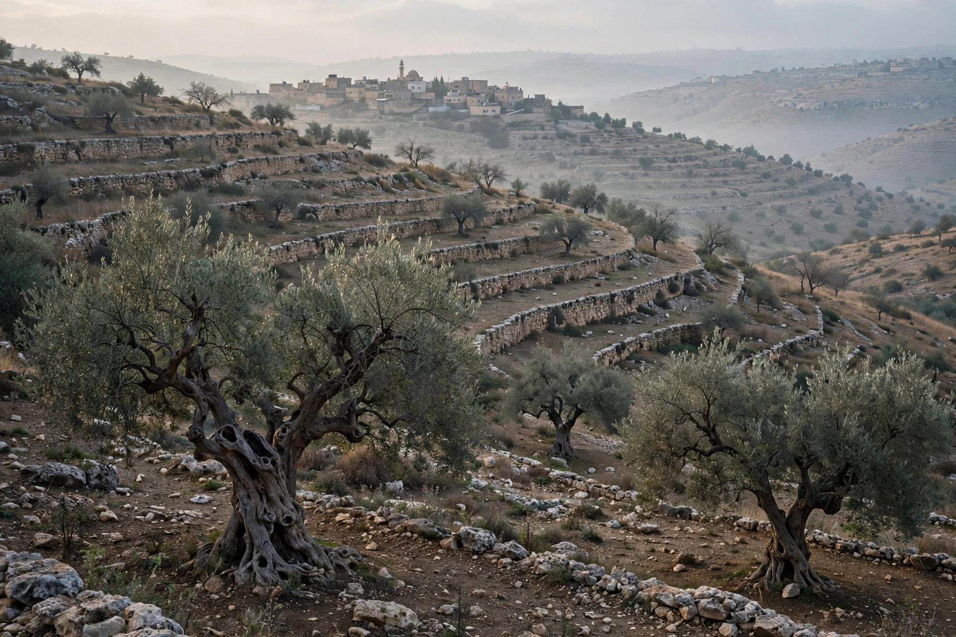 Illustration of terraced olive groves on limestone hills near Ramallah, ancient gnarled olive trees at dawn
