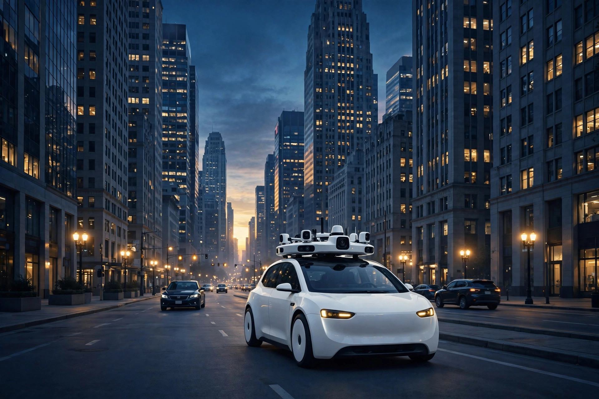 Illustration of a driverless robotaxi with a rooftop sensor array on a downtown city street at dawn