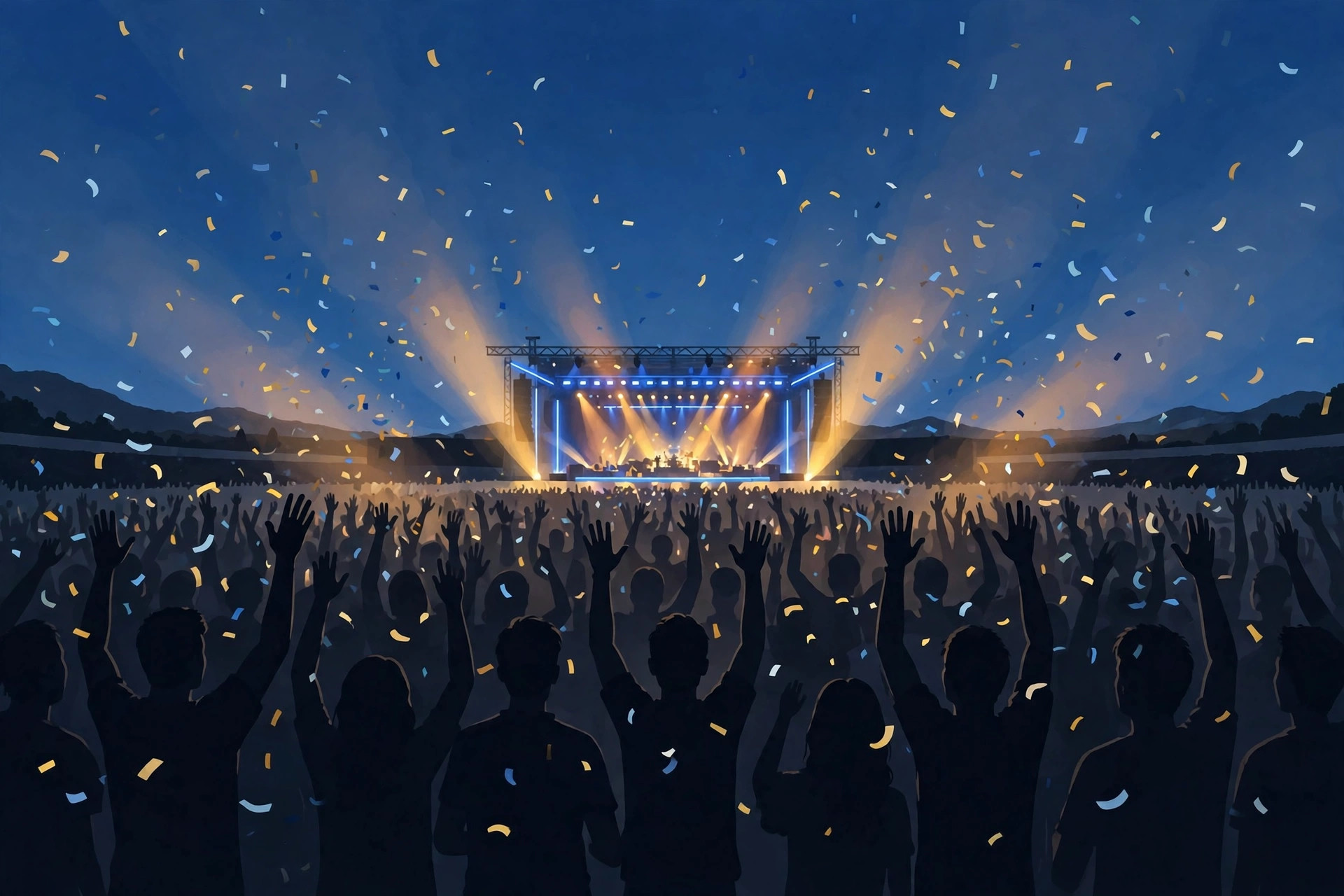 Illustration of a large outdoor concert crowd facing a lit stage at dusk, with confetti in the air