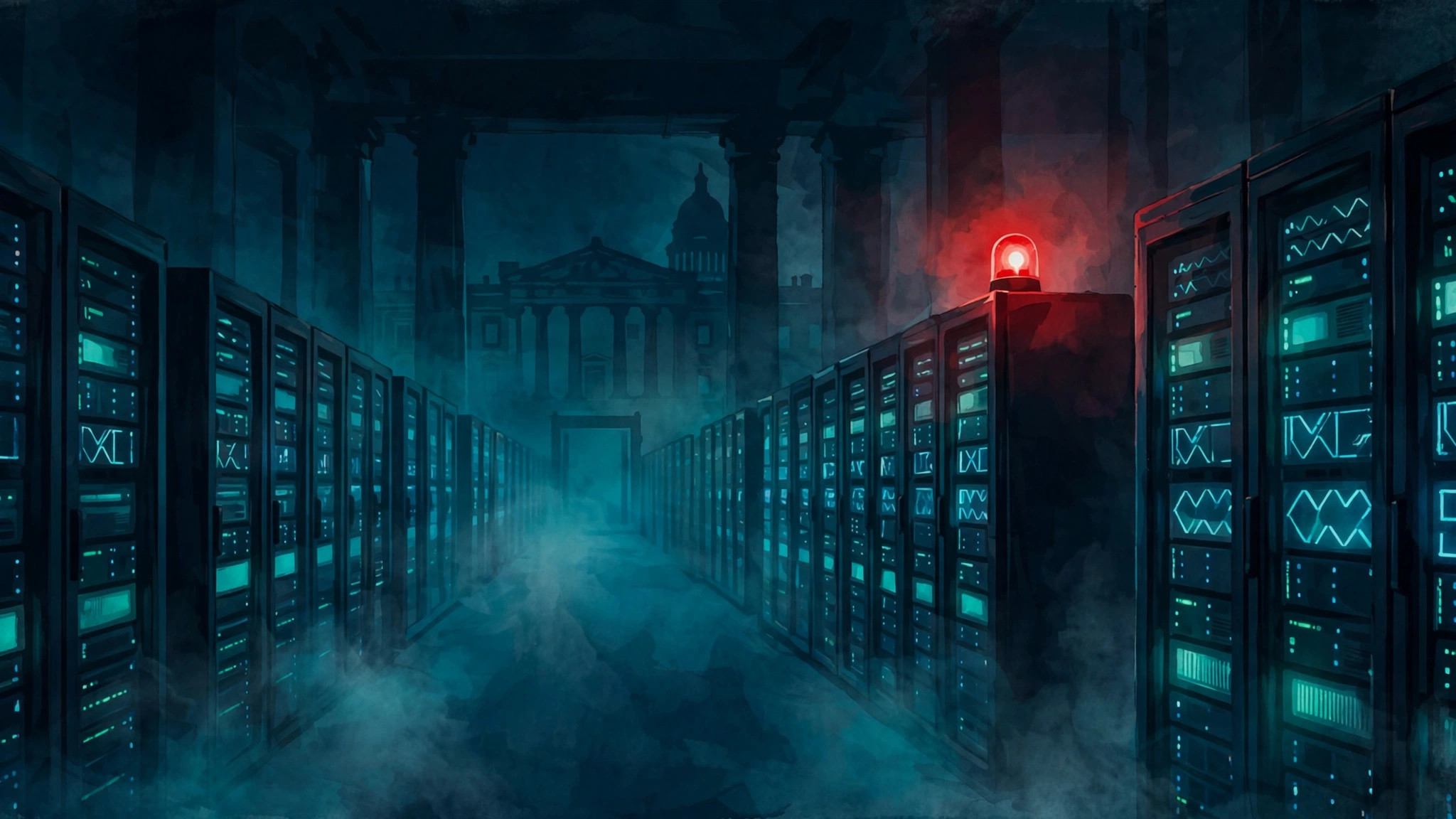 A dark server-room corridor at night with a pulsing red warning beacon glowing above one rack