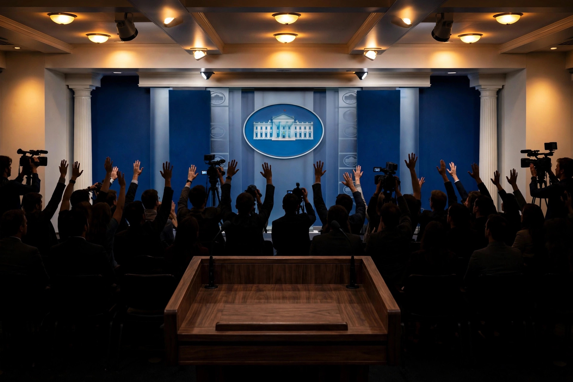 The White House press briefing room, empty lectern facing raised hands of reporters