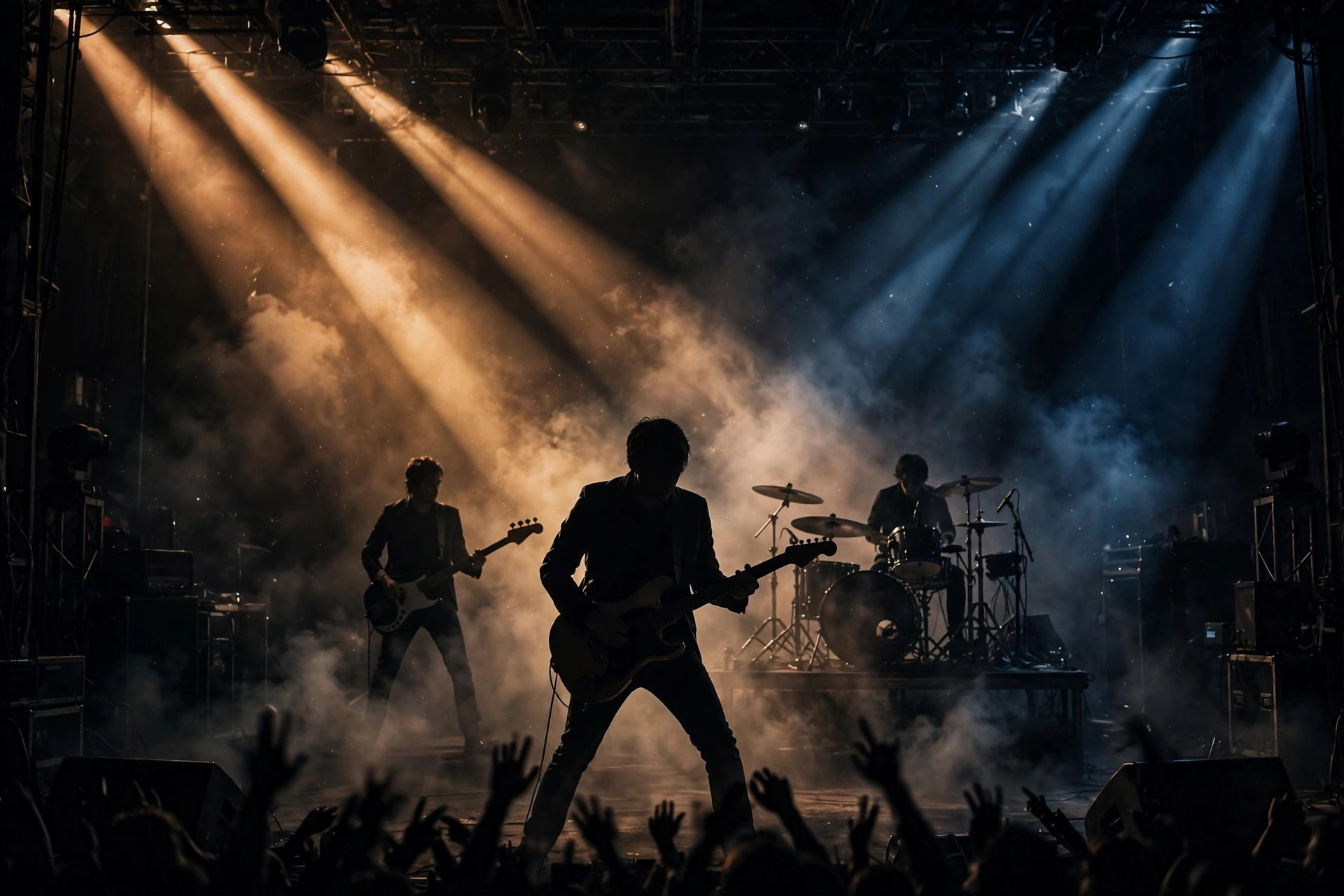 Illustration of a three-piece rock band performing on a dark stage under amber and blue stage lights